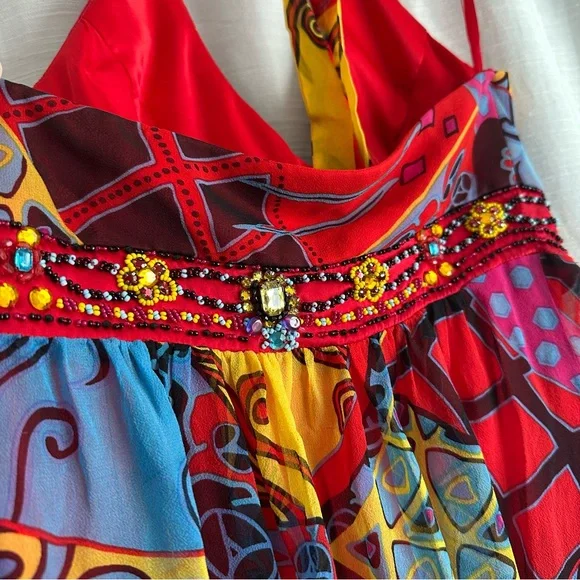 Sue Wong vintage VTG 100% silk flowy halter top Y2K beaded dress bright colors - Picture 7 of 13